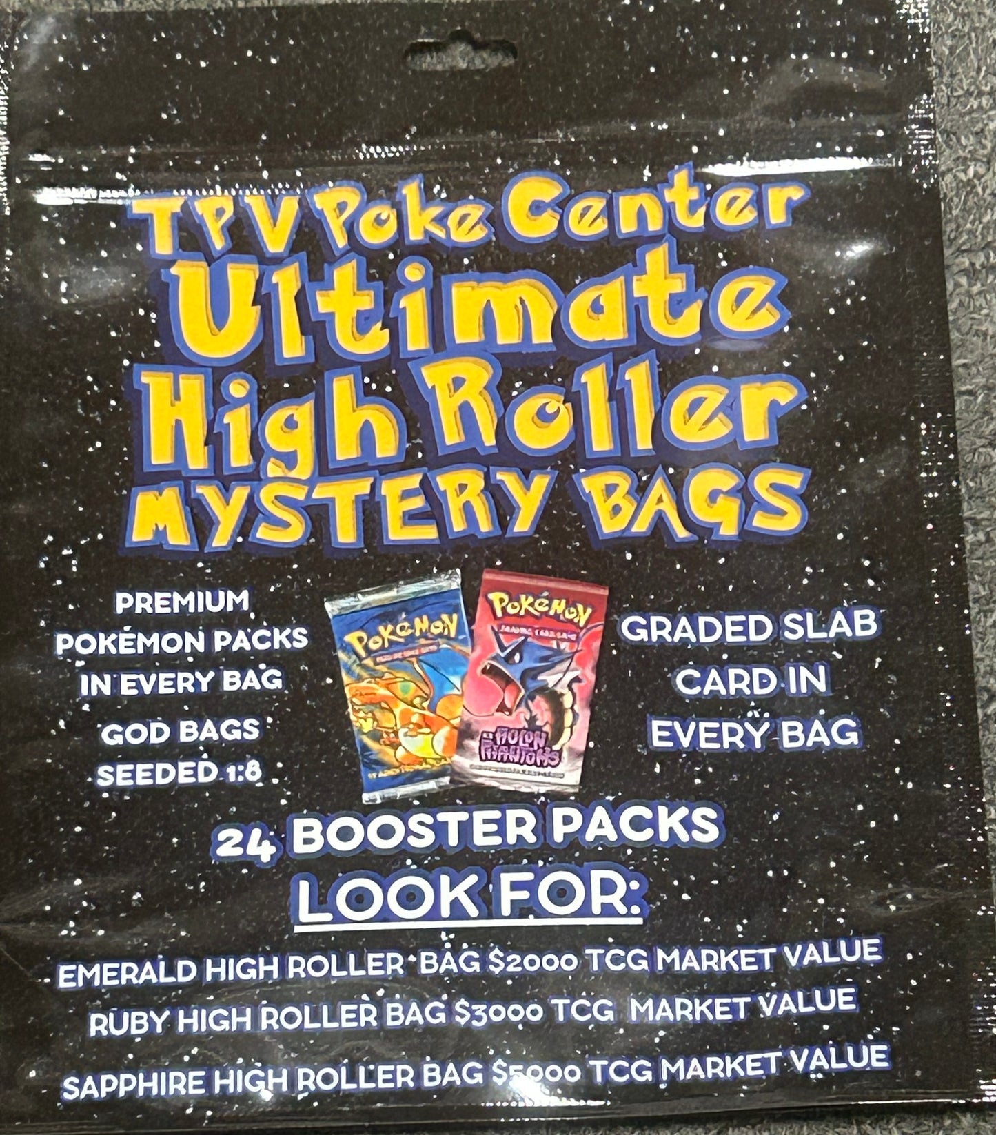 TPV POKE CENTER ULTIMATE HIGH ROLLER MYSTERY BAG. 24 PACKS. 1 SLAB TOP CHASE 5K