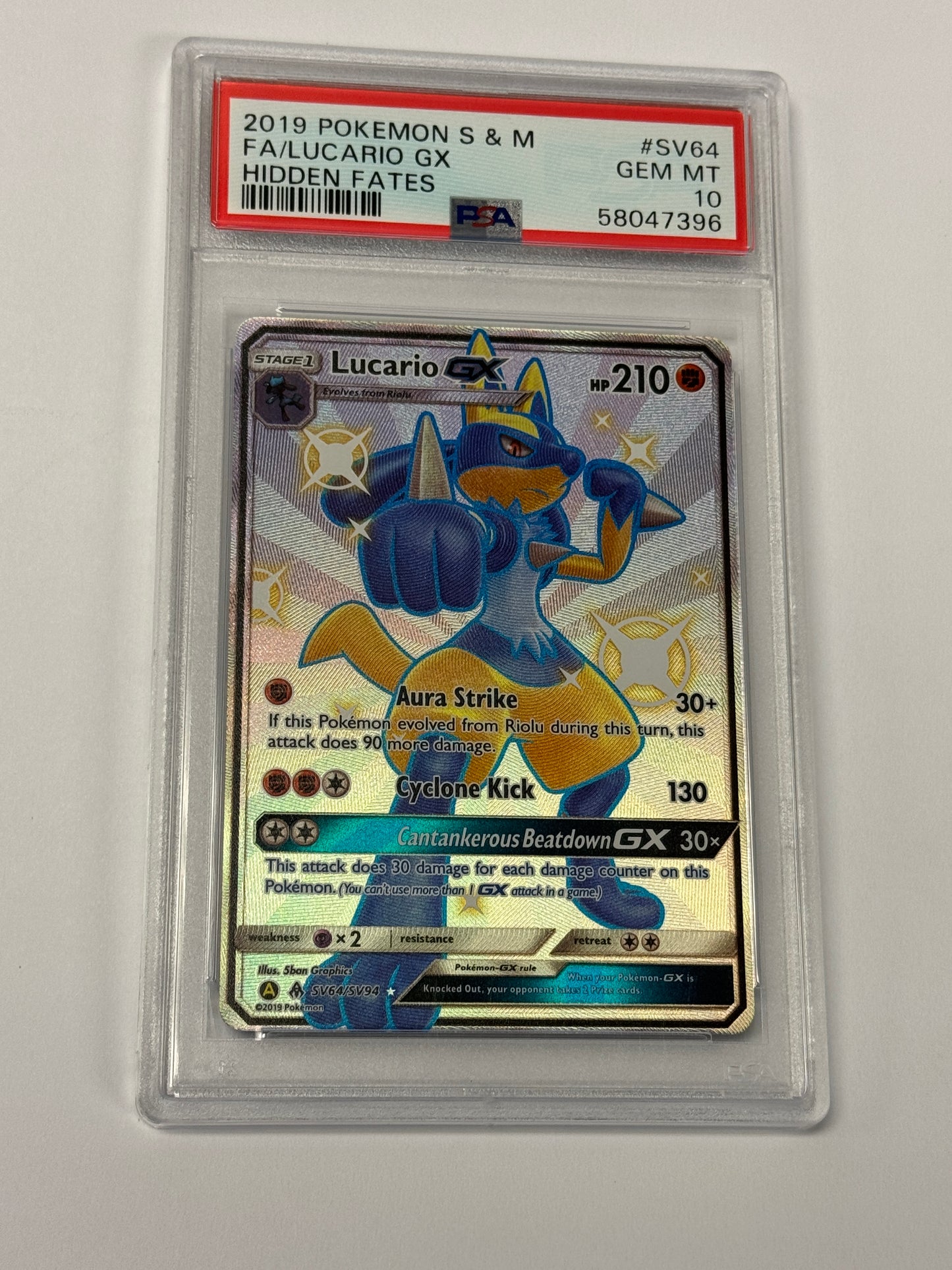 2019 HIDDEN FATES LUCARIO GX #SV64 PSA 10 PK987. SLAB
