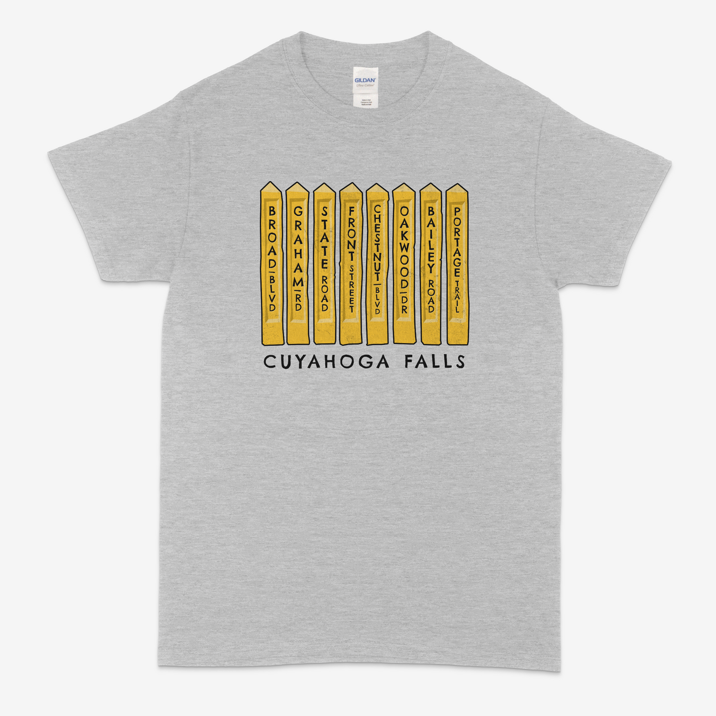 CUYAHOGA FALLS STREET SIGNS T-SHIRT. BLACK OR GRAY. CFO!