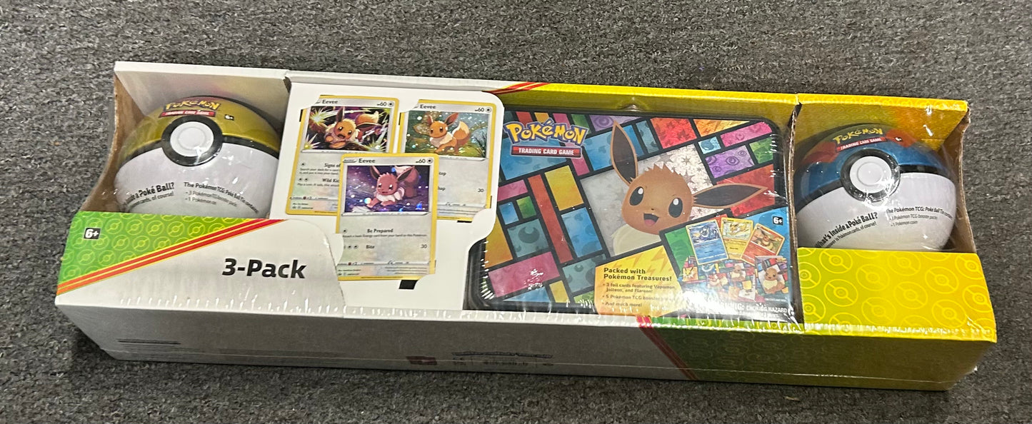 EEVEE TREASURE CHEST POKE BALL TIN COMBO. 3-PACK