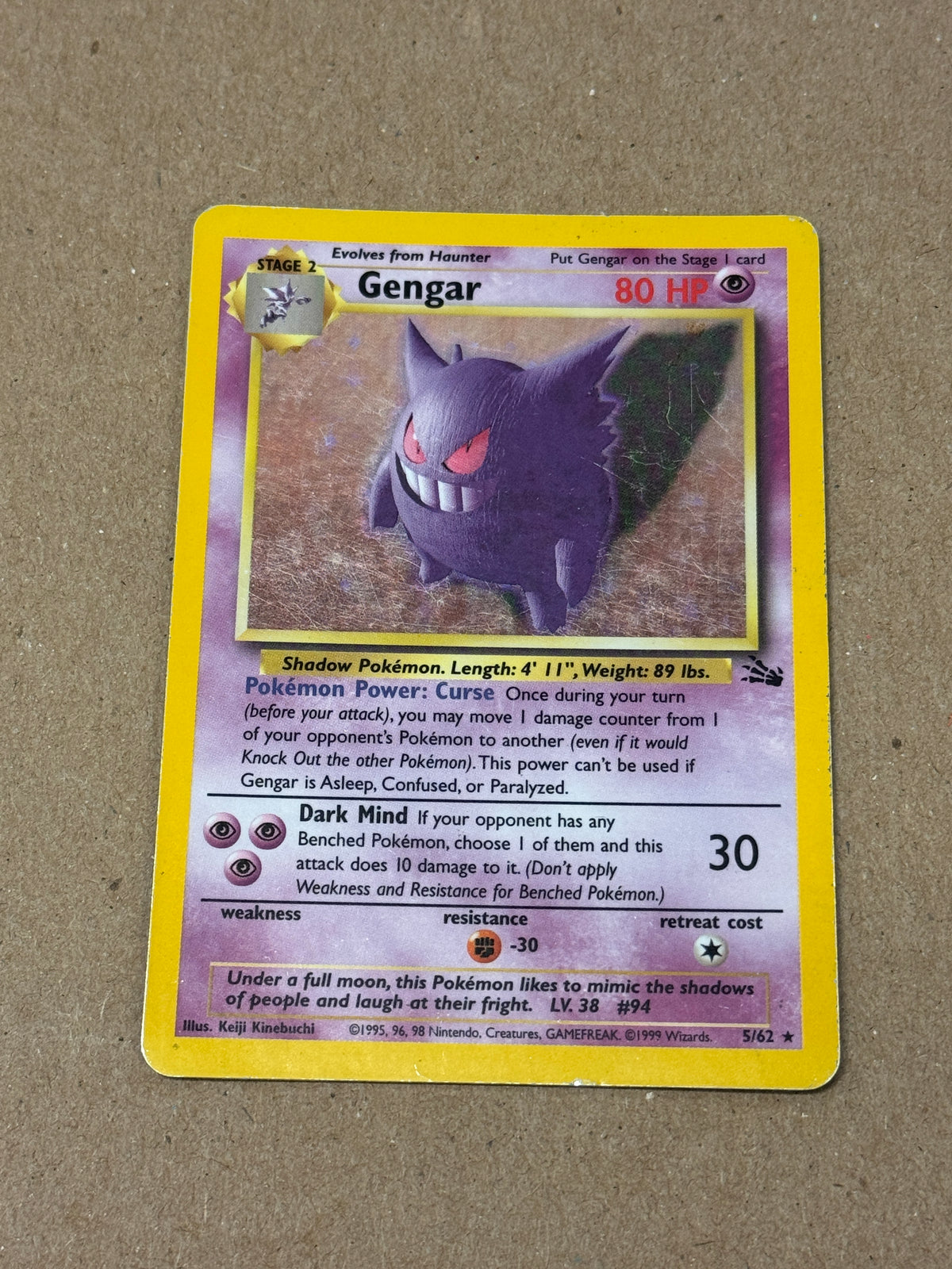 FOSSIL GENGAR HOLO  5/62  CONDITION  RAW  PK1436